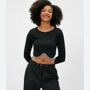 Elegant Black Beaded Fringe Crop Top